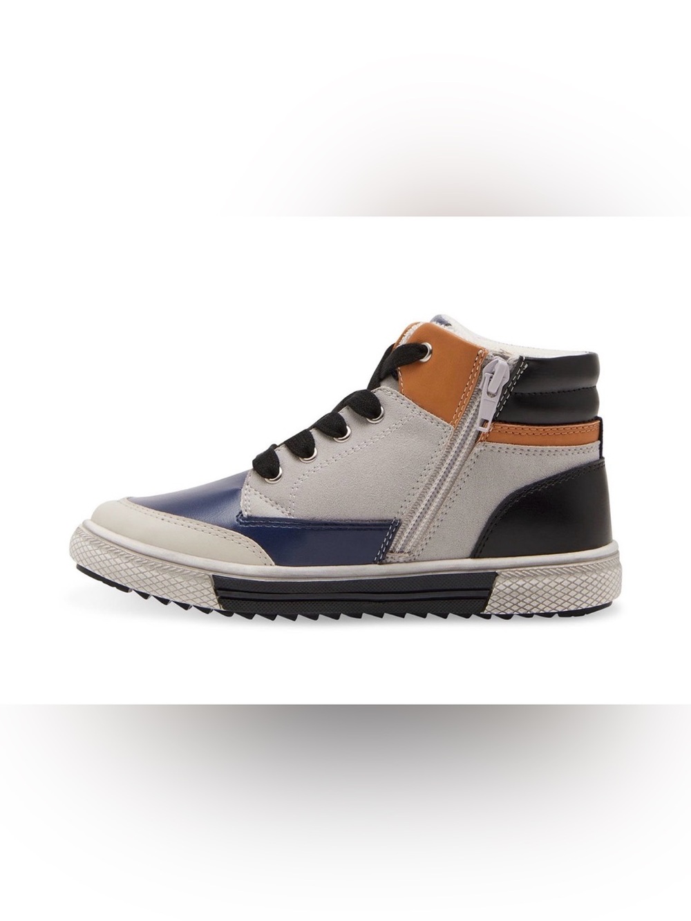 NWT Boy Steve Madden Eliass Boys High Top Sneakers Size 6 Black Tan Grey Zip Lac - Picture 5 of 8